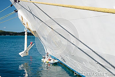 St.Thomas, British virgin island - January 13, 2016: ship side and anchor on blue sea on sunny day. Water transport and vessel. Tr Editorial Stock Photo