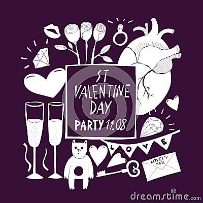 St Valentine Day banner template. Vector hand drawn illustrations on dark background. Design with Valentines Day symbols. Can be Cartoon Illustration