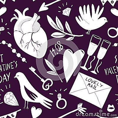 St Valentine Day seamless pattern. Vector hand drawn illustrations on dark backround. Design with Valentines Day symbols. 14th Cartoon Illustration