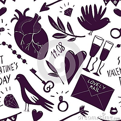 St Valentine Day seamless pattern. Vector hand drawn illustrations. Design with Valentines Day symbols. Can be used as flyer or Cartoon Illustration