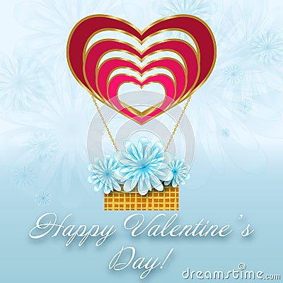 St. Valentine floral card with balloon of hearts. Vector Illustration