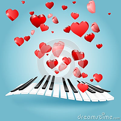 St. Valentine love card with hearts and piano keys. Music of love. Vector Illustration