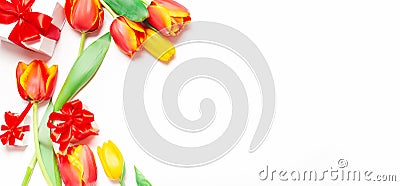 St. Valentine or Mother`s Day. Beautiful tulips, on light background. Day of birth. Greeting card Stock Photo