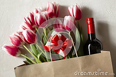 St. Valentine, Mother`s Day, tulips, tulip bulbs, flowers, gifts, flowers, tulip flowers, heart symbol, wooden Stock Photo