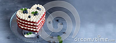 St. Valentine`s Day banner for bakery, confectionery. Red velvet Cake in heart shape. Romantic present. Sweet Valentine. Copy Stock Photo