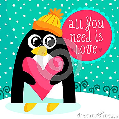 St. Valentine's Day card with cute penguin Vector Illustration