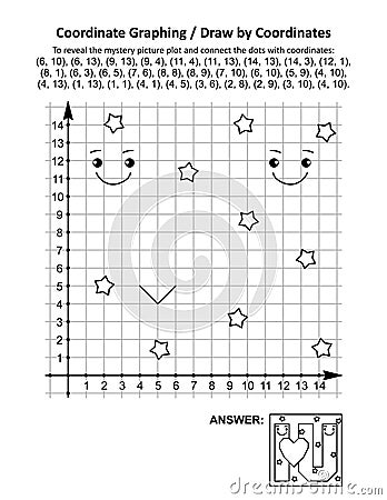 St Valentine`s Day coordinate graphing, or draw by coordinates, math worksheet Vector Illustration