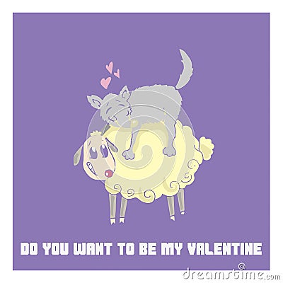 St. Valentine`s Day cute cartoon postcard to make a declaration of love Vector Illustration