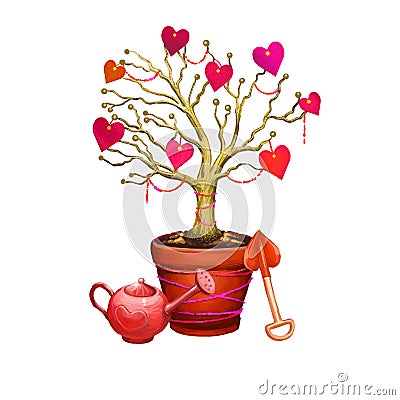 St. Valentine's day holiday greeting card with growing tree with heart on branches, spade in heart shape and watering Cartoon Illustration