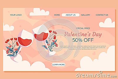 St. Valentine's Day Landing page template design. Two glass of wine with flowers behind it on beige back white clounds. Vector Illustration