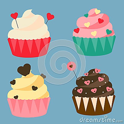 St Valentine`s day, romantic, love cupcakes. Design elements, icons, vector illustration Vector Illustration