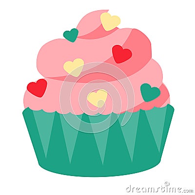 St Valentine`s day, romantic, love pink cupcake with heart shape sprinkles. Design element, icon Vector Illustration