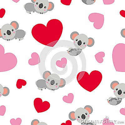 St Valentineâ€™s Day. Seamless pattern. Baby koala lying and smiling. Cartoon style. Funny and cute. Red, pink hearts. White Vector Illustration