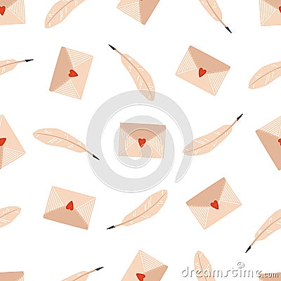 St. Valentine`s Day seamless pattern. Envelopes and quills on a white background Vector Illustration