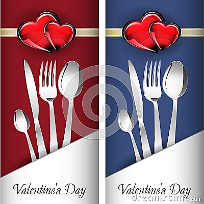 St. Valentine's Day. Two cards with glass red and gold heart on wonderful Background. Vector Illustration