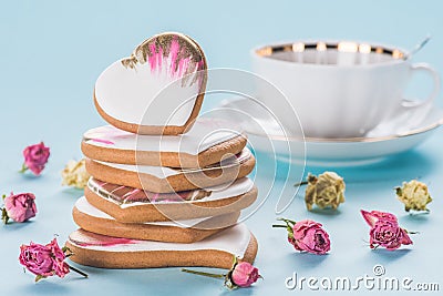 St valentines day flat lay with glazed heart shaped cookies Stock Photo