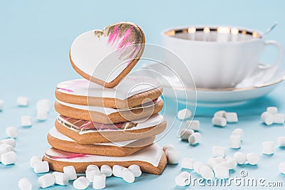 St valentines day flat lay with glazed heart shaped cookies Stock Photo