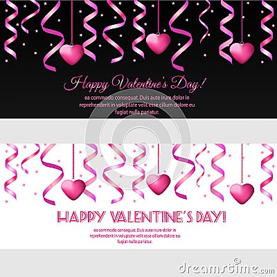 St Valentines day horizontal banners with pink streamers and hearts Vector Illustration