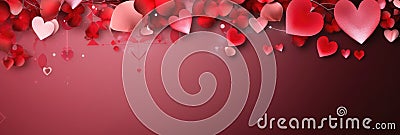 St. Valentines day, wedding banner with abstract illustrated red, pink flying hearts, flowers on pink background. Use Stock Photo