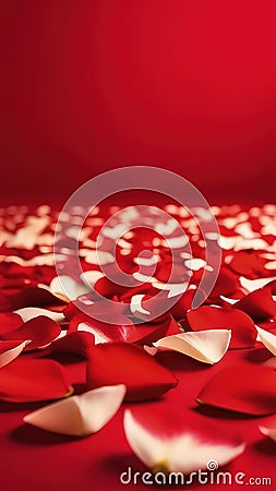 St Valentines day, wedding vertical banner with rose petals on red background, romance card template texture. Copy space Stock Photo