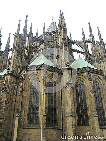 St. Vitus Cathedral in Prague, Czech Republic, side view. Gothic architectural style. Stock Photo