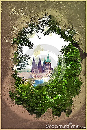 St.Vitus Cathedral seen from a hill Cartoon Illustration