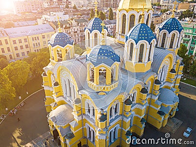 St Volodymyr`s Cathedral Kyiv Kiev Ukrain landmarks. Top vie from drone aerial photo. Famouse tourist places Stock Photo