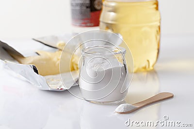 Jar with artificial sweetener aspartame E951 is harmful to health Stock Photo