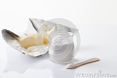 Jar with artificial sweetener aspartame E951 is harmful to health Stock Photo