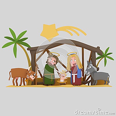 Stable of Bethlehem. Worship. 3D Cartoon Illustration