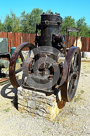 Stable diesel motro with glow head, driving vintage agricultural machinery, Nova Vas, Croatia, August 2023 Editorial Stock Photo