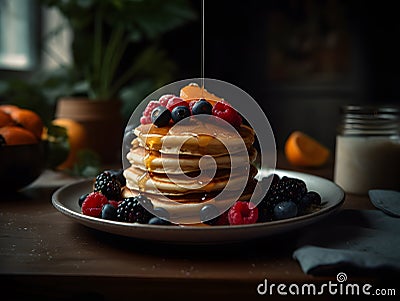 Stack of American Pancakes with fruits syrup and honey Stock Photo