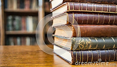 Stack of antique leather books in library. literature or reading concept, copy space Stock Photo