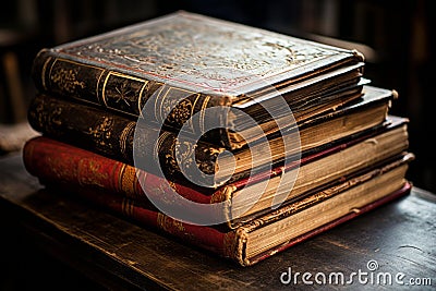 A stack of antique leather-bound journals Stock Photo