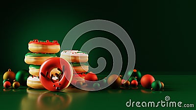 Stack of assorted Christmas donuts on dark green background. 3D render Stock Photo