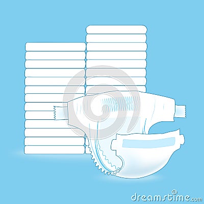 Stack of baby diapers and the open diaper in front. Absorbent diaper. Realistic vector illustration for kids production Vector Illustration