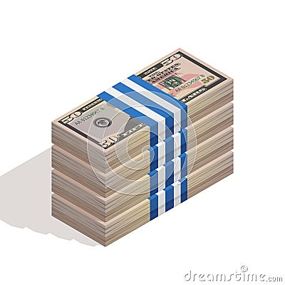 Stack of bank packages of fifty dollar bills, bundle of US banknotes, pile of cash, paper money. The concept of Vector Illustration
