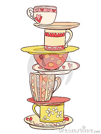 A stack of beautiful cups and mugs with saucers in warm colors Vector Illustration