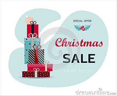 A stack of beautiful gifts for the new year s sale and black Friday. Christmas gifts, boxes in bright packaging wrappers Vector Illustration