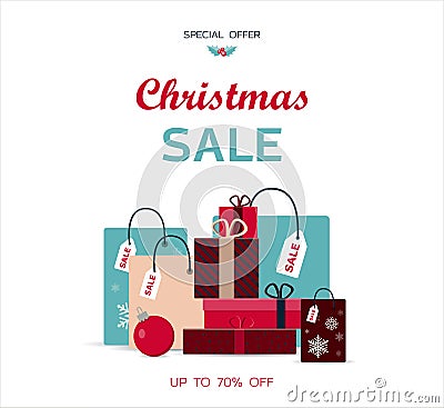 A stack of beautiful gifts for the new year s sale and black Friday. Christmas gifts, boxes in bright packaging wrappers Vector Illustration