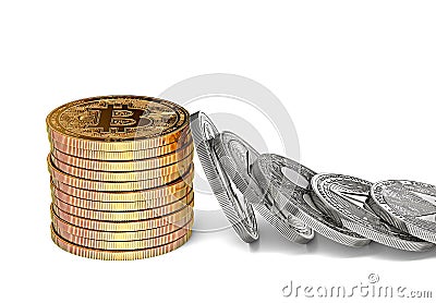 Stack of bitcoins resists the other altcoin`s domino effect. Bitcoin strong and stable concept Stock Photo