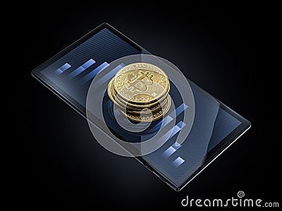 Stack of bitcoins on top of smartphone on black background Stock Photo