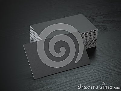 Stack of black blank business cards mockup on black wood table b Cartoon Illustration