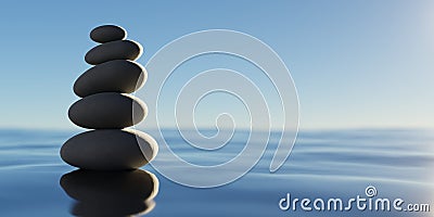 Stack of black pebbles in balance on blue water surface with sky background, zen, spa, yoga or meditation concept Cartoon Illustration