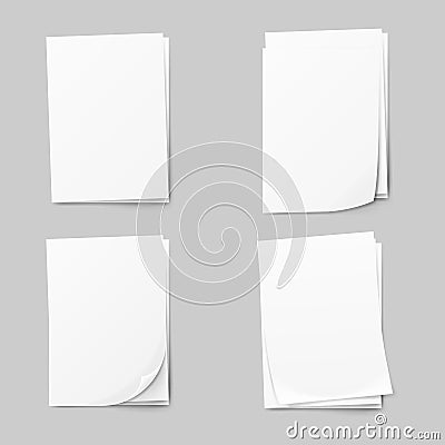 Stack of blank papers set. Realistic Collection white sheet of paper. Vector Illustration