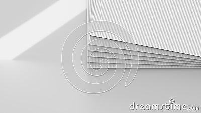 A stack of blank white corrugated plastic correx sheets, close up 3d render showing sheet texture and displayed on a shiny surface Cartoon Illustration