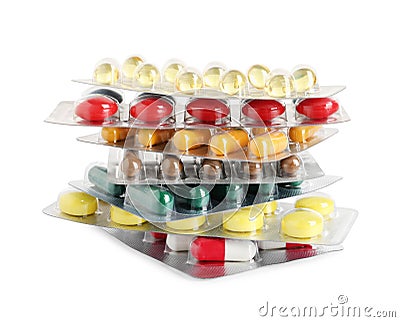 Stack of blisters with different pills on white background Stock Photo