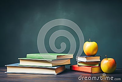 Stack of books and apple on blackboard background. Back to school concept, Glasses teacher books and a stand with pencils on the Stock Photo