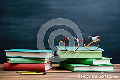 Stack of books with apple and eyeglasses on table in classroom, Glasses, teacher books, and a stand with pencils on the table, on Stock Photo