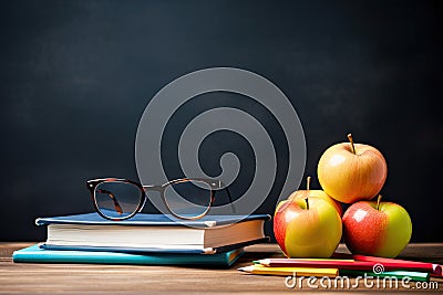 Stack of books with glasses and apples on blackboard background. Back to school concept, Glasses teacher books and a stand with Stock Photo